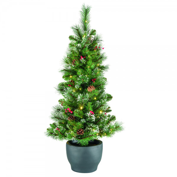 Künstlicher Weihnachtsbaum verschneit 120 cm mit Beleuchtung, Topf und Schmuck Tannenbaum Christbaum